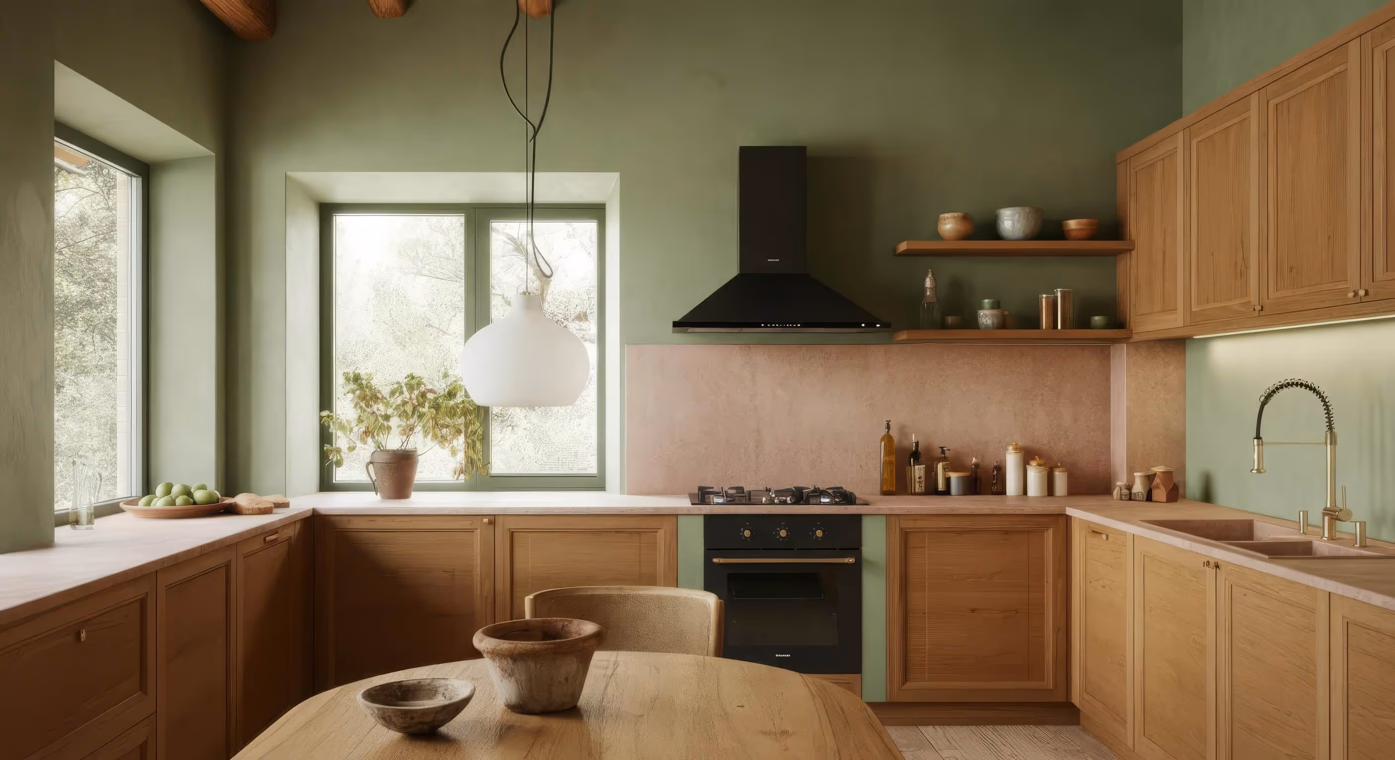 Modern kitchen with olive green walls, wooden cabinets, black stove, and a wooden dining table with bowls.