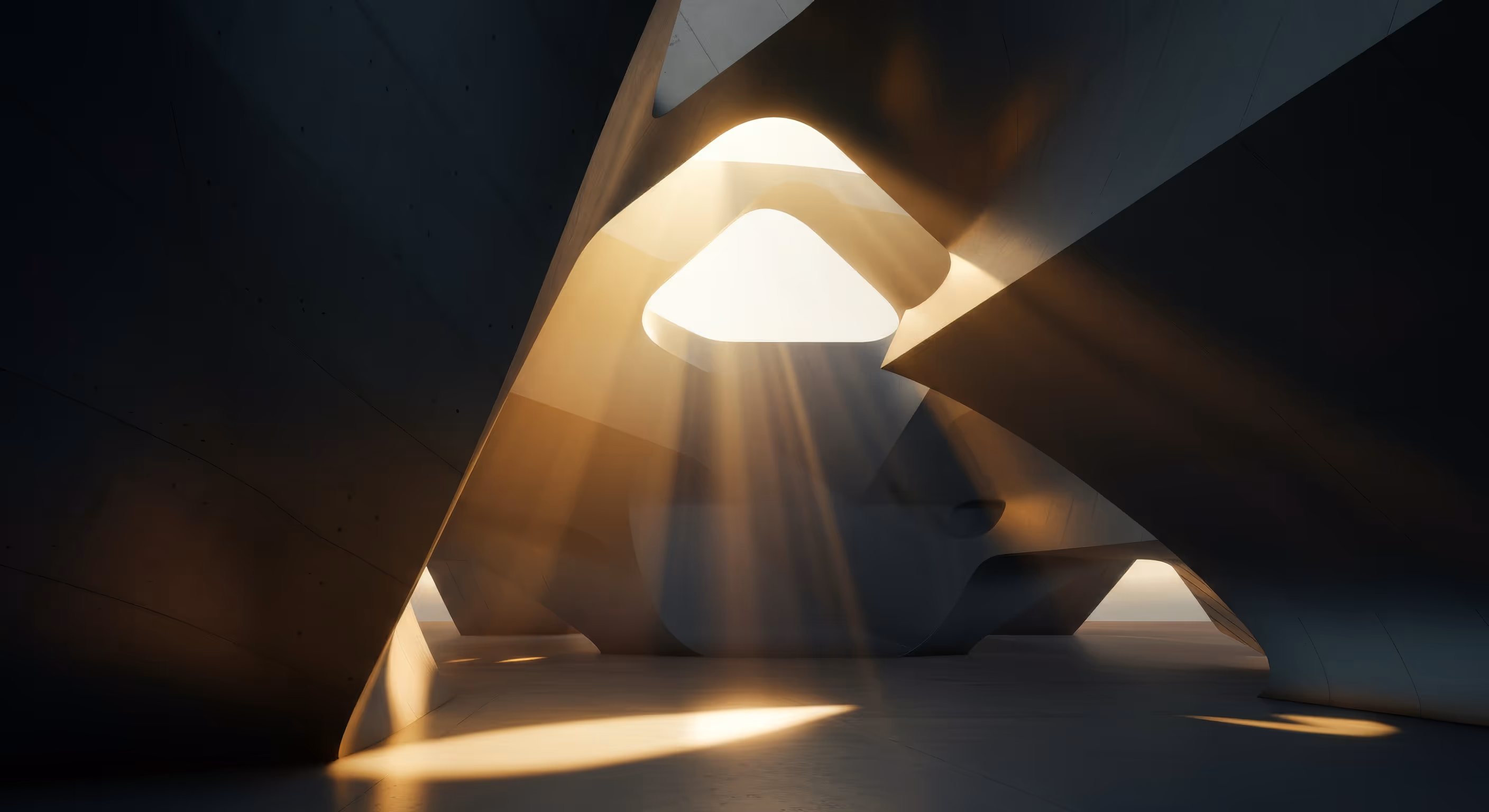 Sunlight streaming through geometric openings in a modern concrete architectural structure.