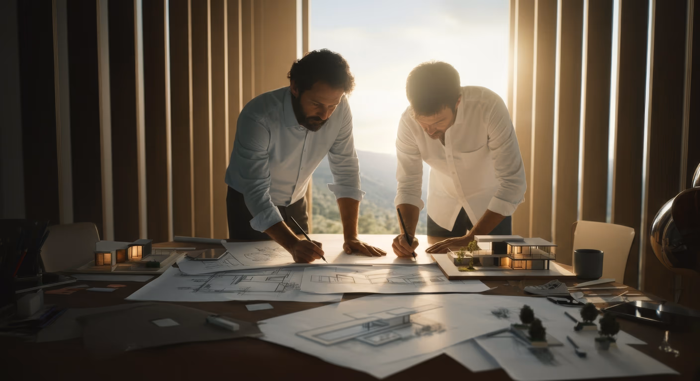 Two architects reviewing building blueprints and models on a table with sunlight streaming through vertical blinds.