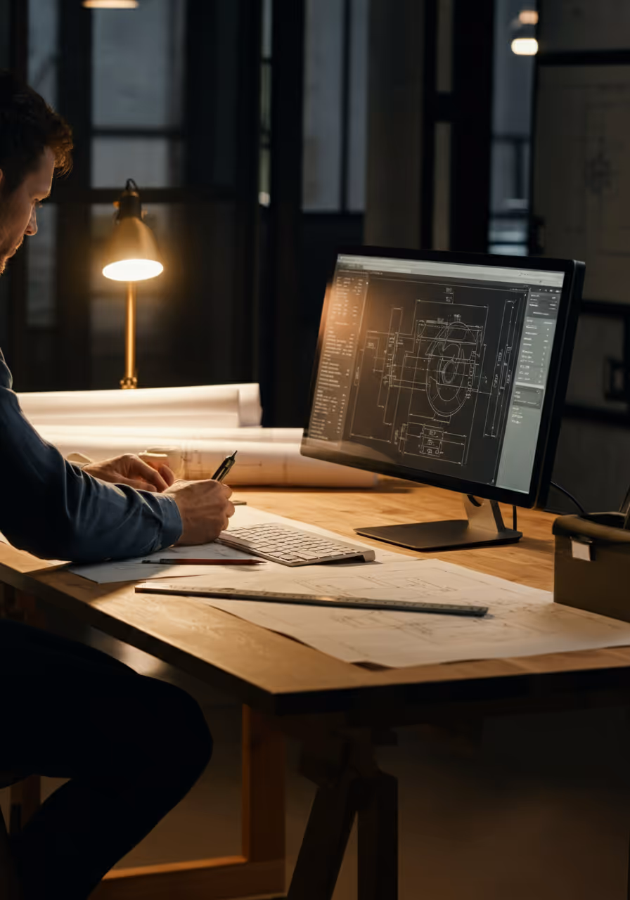 Man working on architectural drawings with technical blueprints displayed on a computer monitor in a dimly lit office.