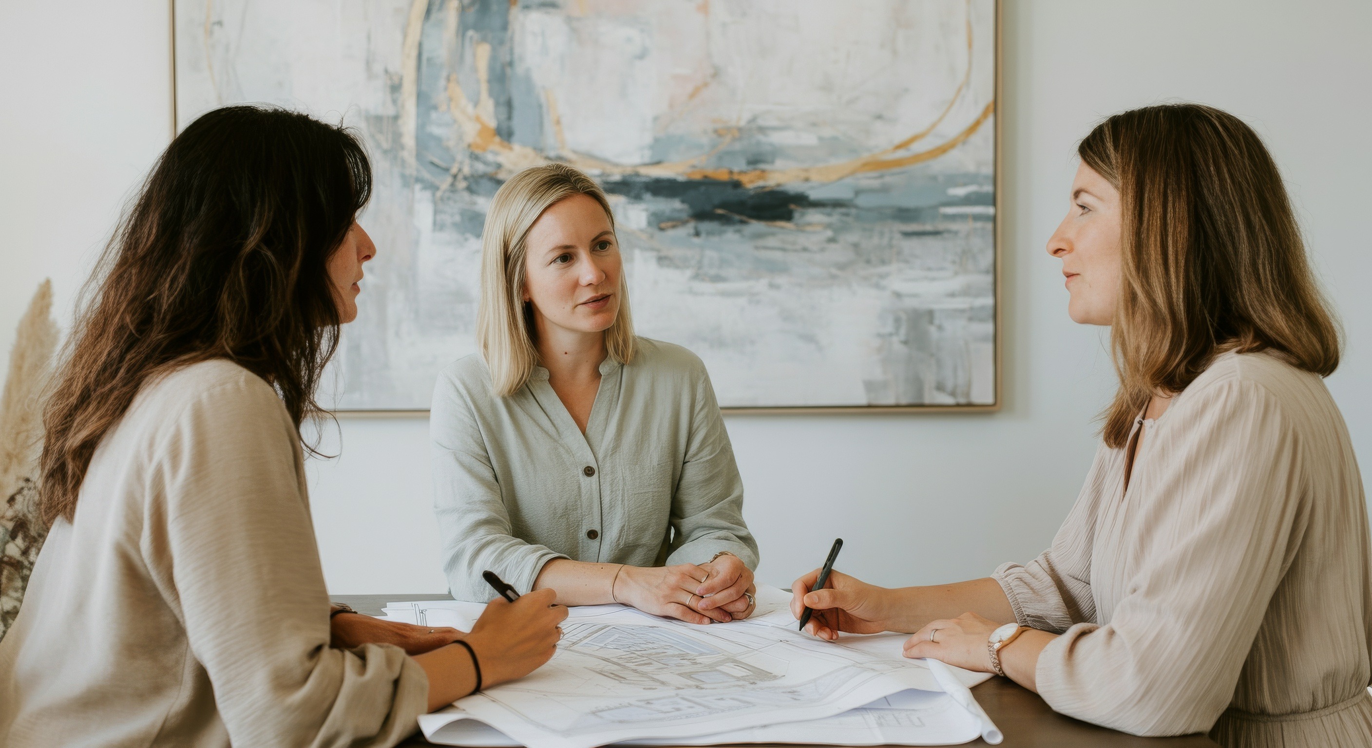 Three women sitting around a table discussing architectural blueprints.