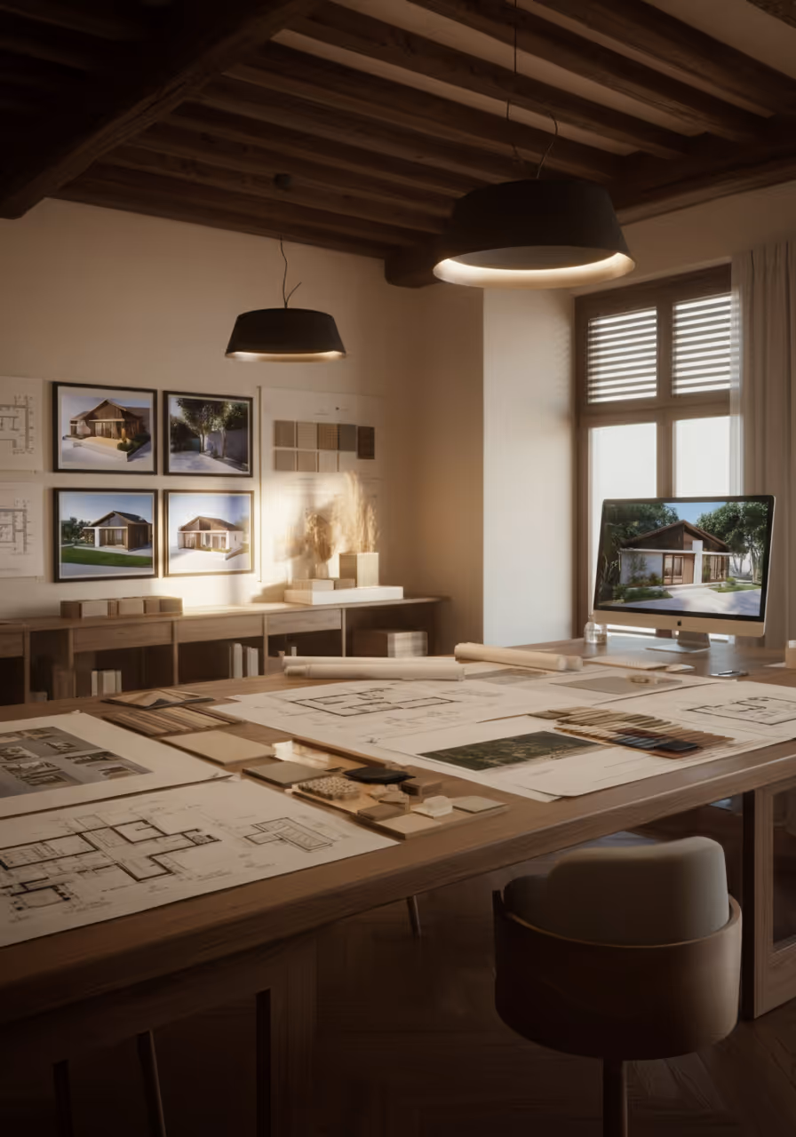 Architectural office workspace with wooden desk covered in floor plans, material samples, and color swatches, illuminated by pendant lights with a computer displaying a house design.
