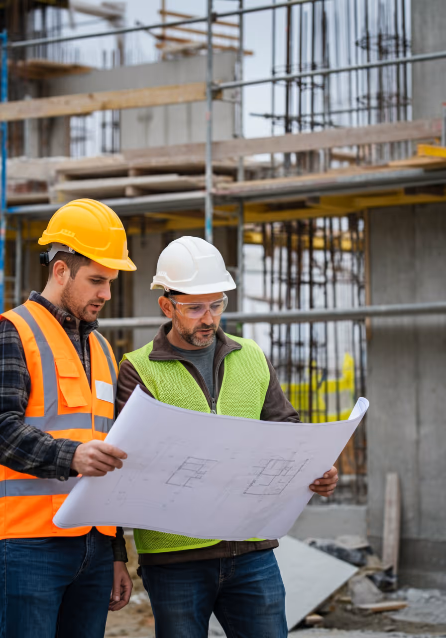 Two construction workers wearing safety helmets and vests reviewing a blueprint at a construction site.